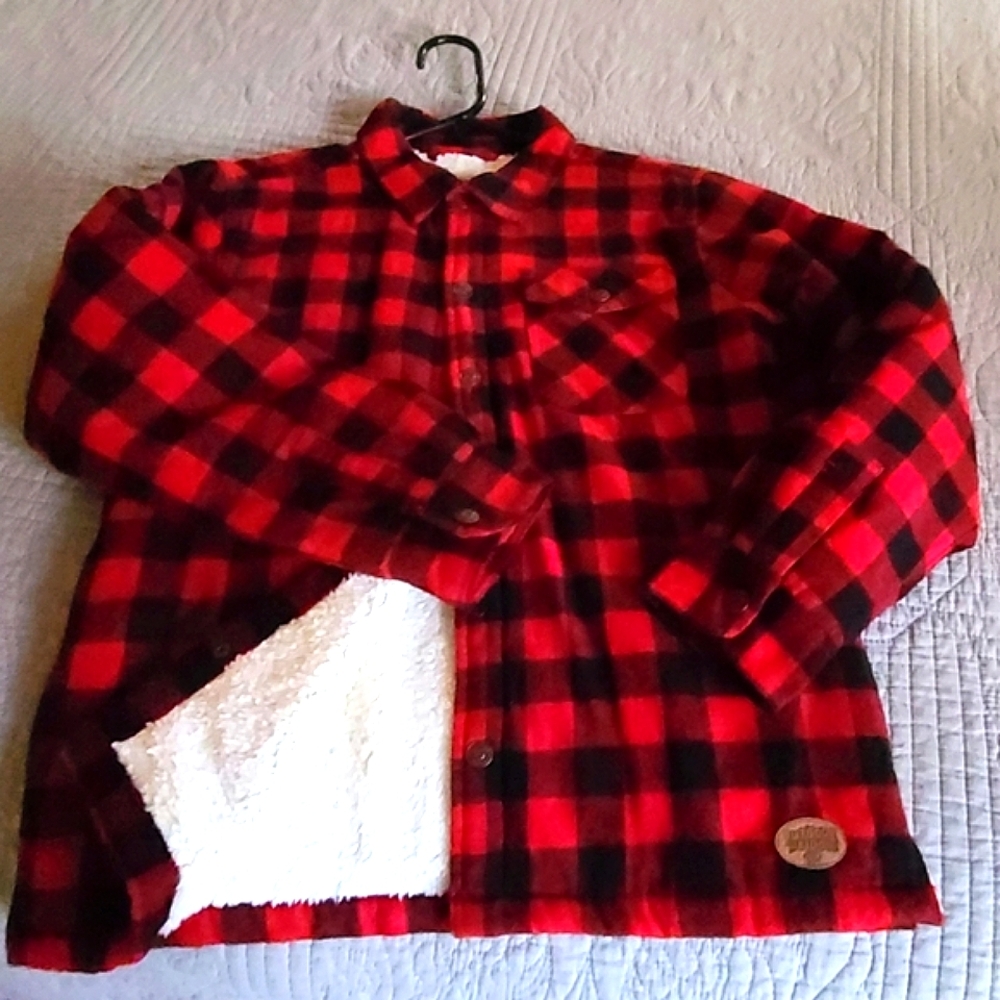 Kids XL Bass Pro Red Buffalo Check Sherpa Lined Flannel Shirt Jacket